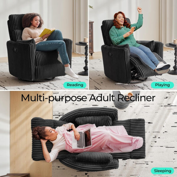 LINSY 360 Swivel Recliner Chair: Corduroy Rocking Chair Nursery Glider Chairs with 2 Pillows Comfy High Back Adult Recliner for Small Spaces, Living Room Bedroom Nursery Reclining Chairs, Beige