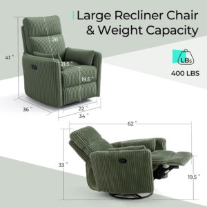 LINSY 360 Swivel Recliner Chair: Corduroy Rocking Chair Nursery Glider Chairs with 2 Pillows Comfy High Back Adult Recliner for Small Spaces, Living Room Bedroom Nursery Reclining Chairs, Beige