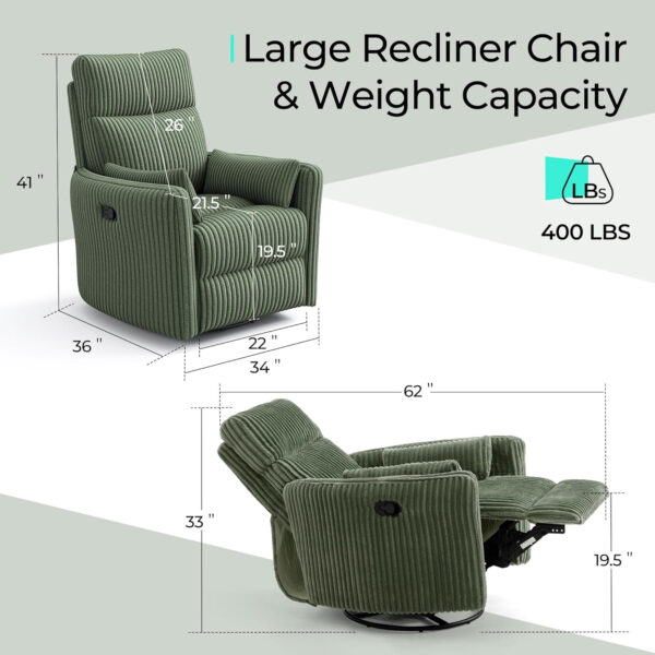 LINSY 360 Swivel Recliner Chair: Corduroy Rocking Chair Nursery Glider Chairs with 2 Pillows Comfy High Back Adult Recliner for Small Spaces, Living Room Bedroom Nursery Reclining Chairs, Beige