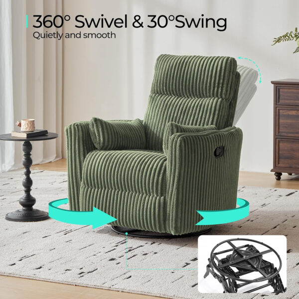 LINSY 360 Swivel Recliner Chair: Corduroy Rocking Chair Nursery Glider Chairs with 2 Pillows Comfy High Back Adult Recliner for Small Spaces, Living Room Bedroom Nursery Reclining Chairs, Beige