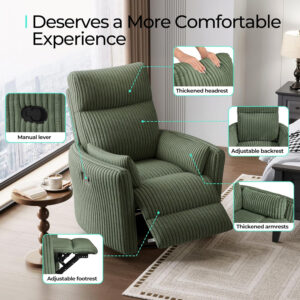 LINSY 360 Swivel Recliner Chair: Corduroy Rocking Chair Nursery Glider Chairs with 2 Pillows Comfy High Back Adult Recliner for Small Spaces, Living Room Bedroom Nursery Reclining Chairs, Beige