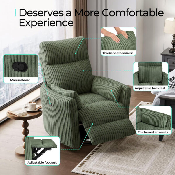 LINSY 360 Swivel Recliner Chair: Corduroy Rocking Chair Nursery Glider Chairs with 2 Pillows Comfy High Back Adult Recliner for Small Spaces, Living Room Bedroom Nursery Reclining Chairs, Beige