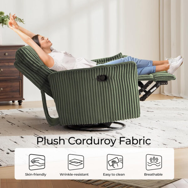 LINSY 360 Swivel Recliner Chair: Corduroy Rocking Chair Nursery Glider Chairs with 2 Pillows Comfy High Back Adult Recliner for Small Spaces, Living Room Bedroom Nursery Reclining Chairs, Beige