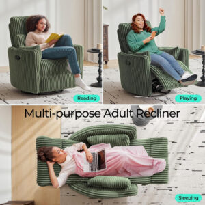 LINSY 360 Swivel Recliner Chair: Corduroy Rocking Chair Nursery Glider Chairs with 2 Pillows Comfy High Back Adult Recliner for Small Spaces, Living Room Bedroom Nursery Reclining Chairs, Beige