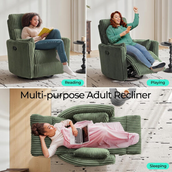 LINSY 360 Swivel Recliner Chair: Corduroy Rocking Chair Nursery Glider Chairs with 2 Pillows Comfy High Back Adult Recliner for Small Spaces, Living Room Bedroom Nursery Reclining Chairs, Beige