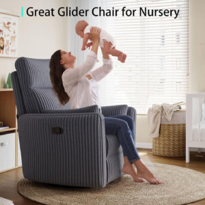 LINSY 360 Swivel Recliner Chair: Corduroy Rocking Chair Nursery Glider Chairs with 2 Pillows Comfy High Back Adult Recliner for Small Spaces, Living Room Bedroom Nursery Reclining Chairs, Beige