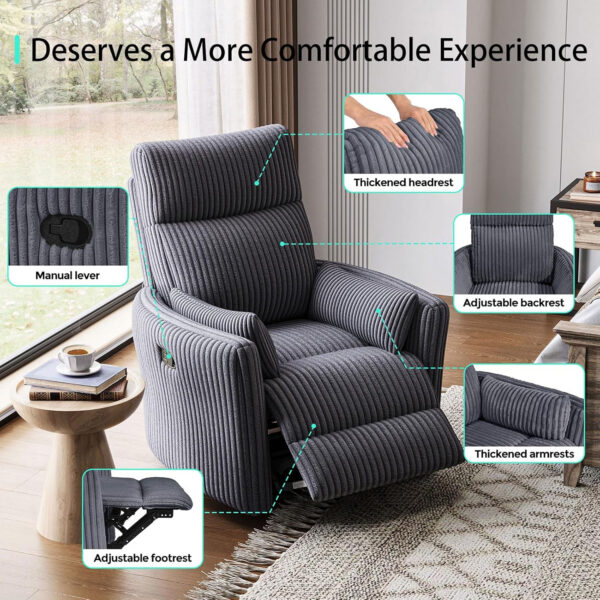 LINSY 360 Swivel Recliner Chair: Corduroy Rocking Chair Nursery Glider Chairs with 2 Pillows Comfy High Back Adult Recliner for Small Spaces, Living Room Bedroom Nursery Reclining Chairs, Beige