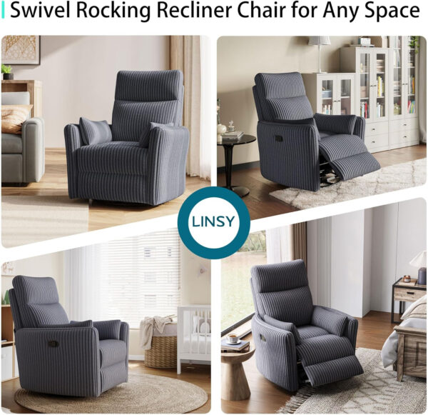 LINSY 360 Swivel Recliner Chair: Corduroy Rocking Chair Nursery Glider Chairs with 2 Pillows Comfy High Back Adult Recliner for Small Spaces, Living Room Bedroom Nursery Reclining Chairs, Beige