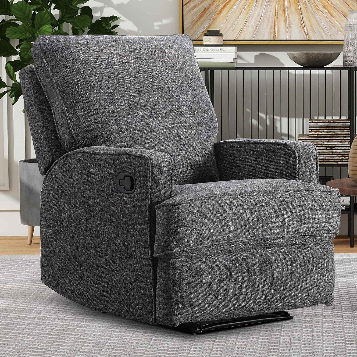 Classic Manual Recliner Chair for Adults, Soft Fabric Overstuffed Reclining Sofa Chair with Padded Backrest, Heavy Duty Recliners for Living Room, Grey