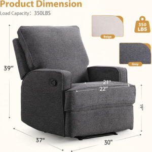 Classic Manual Recliner Chair for Adults, Soft Fabric Overstuffed Reclining Sofa Chair with Padded Backrest, Heavy Duty Recliners for Living Room, Grey