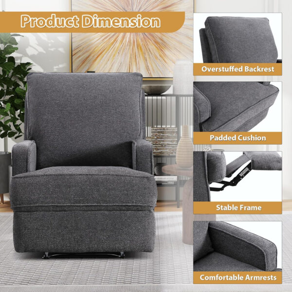 Classic Manual Recliner Chair for Adults, Soft Fabric Overstuffed Reclining Sofa Chair with Padded Backrest, Heavy Duty Recliners for Living Room, Grey