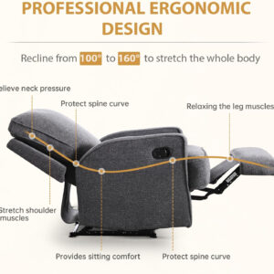 Classic Manual Recliner Chair for Adults, Soft Fabric Overstuffed Reclining Sofa Chair with Padded Backrest, Heavy Duty Recliners for Living Room, Grey