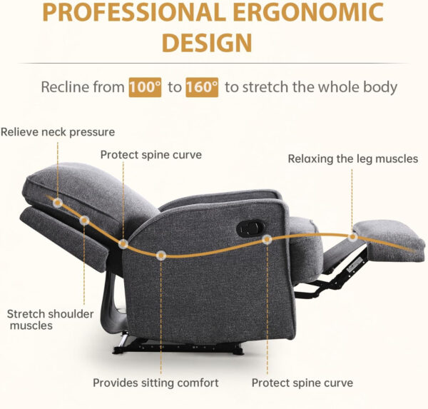 Classic Manual Recliner Chair for Adults, Soft Fabric Overstuffed Reclining Sofa Chair with Padded Backrest, Heavy Duty Recliners for Living Room, Grey