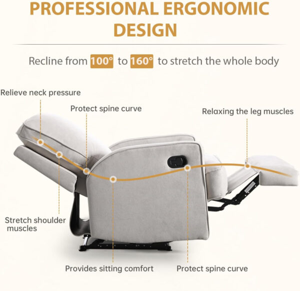 Classic Manual Recliner Chair for Adults, Soft Fabric Overstuffed Reclining Sofa Chair with Padded Backrest, Heavy Duty Recliners for Living Room, Grey