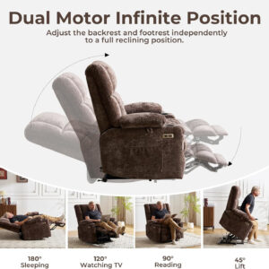 Dual Motor Power Lift Recliner Chair for Elderly with Massage and Heat, Oversized Lift Chair with Arm Storage, Lay Flat Lift Recliner for Adults, Big Tall, Infinite Position, Brown