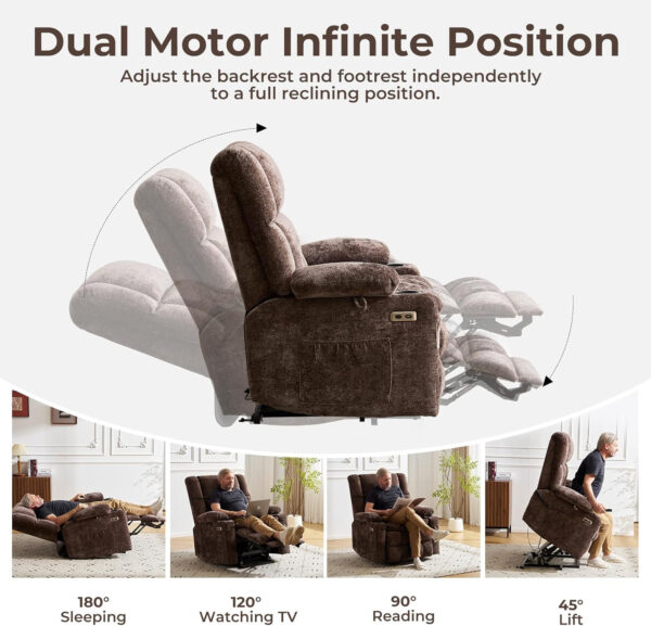 Dual Motor Power Lift Recliner Chair for Elderly with Massage and Heat, Oversized Lift Chair with Arm Storage, Lay Flat Lift Recliner for Adults, Big Tall, Infinite Position, Brown