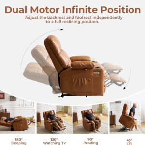 Dual Motor Power Lift Recliner Chair for Elderly with Massage and Heat, Oversized Lift Chair with Arm Storage, Lay Flat Lift Recliner for Adults, Big Tall, Infinite Position, Brown