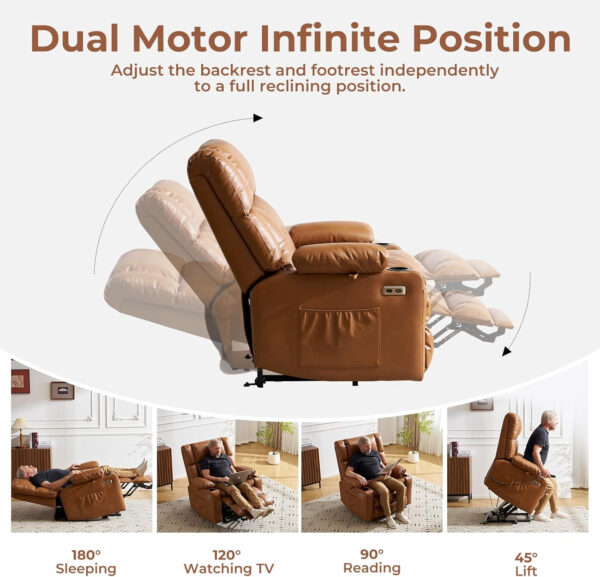 Dual Motor Power Lift Recliner Chair for Elderly with Massage and Heat, Oversized Lift Chair with Arm Storage, Lay Flat Lift Recliner for Adults, Big Tall, Infinite Position, Brown