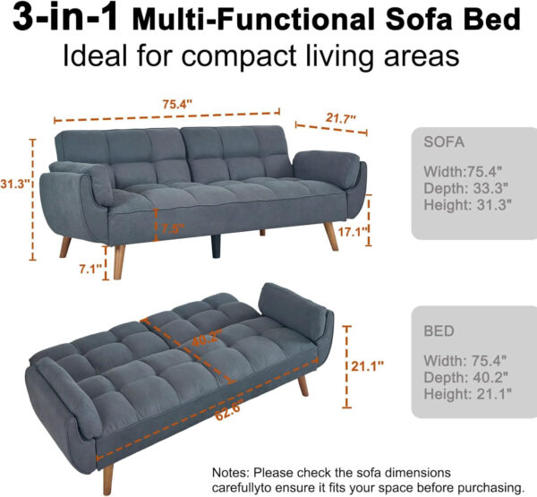 6886e3af5870795fe45f577a7c47c40a9b8a02b03a57740cb9adf.jpg 75" Linen Futon Sofa Bed, Convertible Futon Couch Bed, Comfy Love Seat Sleeper Bed with Adjustable Backrest, Small Couches for Small Spaces, Living Room, Bedroom and Office (Dark Gray)