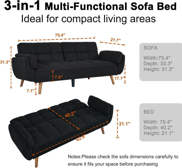 6886e3cc56e9a7c34490223a6f5944f9ecdc9d5343907d406b2fe.jpg 75" Linen Futon Sofa Bed, Convertible Futon Couch Bed, Comfy Love Seat Sleeper Bed with Adjustable Backrest, Small Couches for Small Spaces, Living Room, Bedroom and Office (Dark Gray)