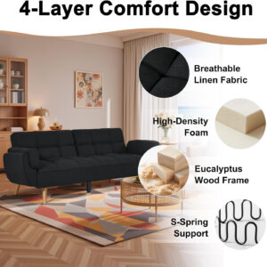 6886e3cd61a4f391aecd26055842cc87fd2502a0c3400d17f78f9.jpg 75" Linen Futon Sofa Bed, Convertible Futon Couch Bed, Comfy Love Seat Sleeper Bed with Adjustable Backrest, Small Couches for Small Spaces, Living Room, Bedroom and Office (Dark Gray)