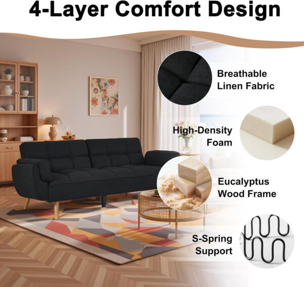 6886e3cd61a4f391aecd26055842cc87fd2502a0c3400d17f78f9.jpg 75" Linen Futon Sofa Bed, Convertible Futon Couch Bed, Comfy Love Seat Sleeper Bed with Adjustable Backrest, Small Couches for Small Spaces, Living Room, Bedroom and Office (Dark Gray)