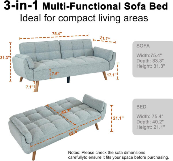 6886e3e17f7633d9385ee9a2207b674876a8f036aa43c42ba794b.jpg 75" Linen Futon Sofa Bed, Convertible Futon Couch Bed, Comfy Love Seat Sleeper Bed with Adjustable Backrest, Small Couches for Small Spaces, Living Room, Bedroom and Office (Dark Gray)