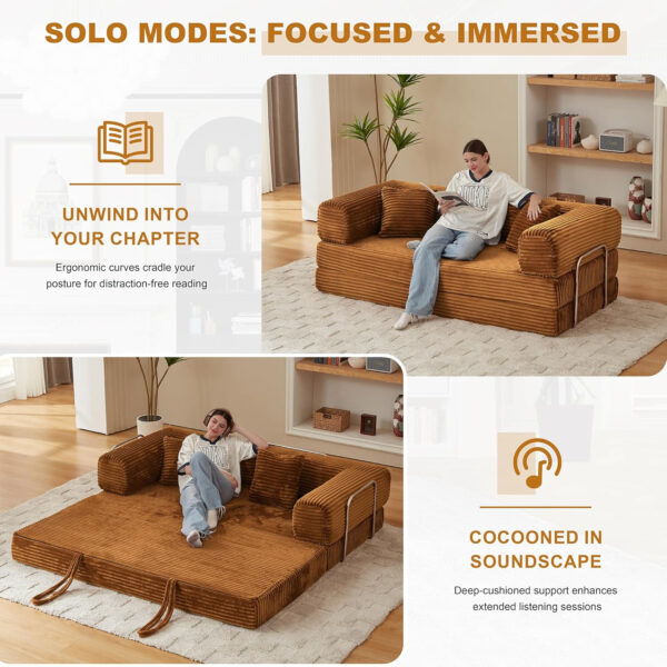 Sofa Bed 4-in-1 Boneless Couch Oversized Corduroy Upholstered Sleeper Sofa with Loveseat Couches for Living Room Futon Couch with Fixed-Shape Pull Out Couchs for Bedroom(White-81 W)