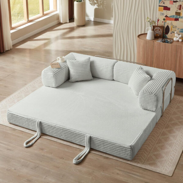 Sofa Bed 4-in-1 Boneless Couch Oversized Corduroy Upholstered Sleeper Sofa with Loveseat Couches for Living Room Futon Couch with Fixed-Shape Pull Out Couchs for Bedroom(White-81 W)