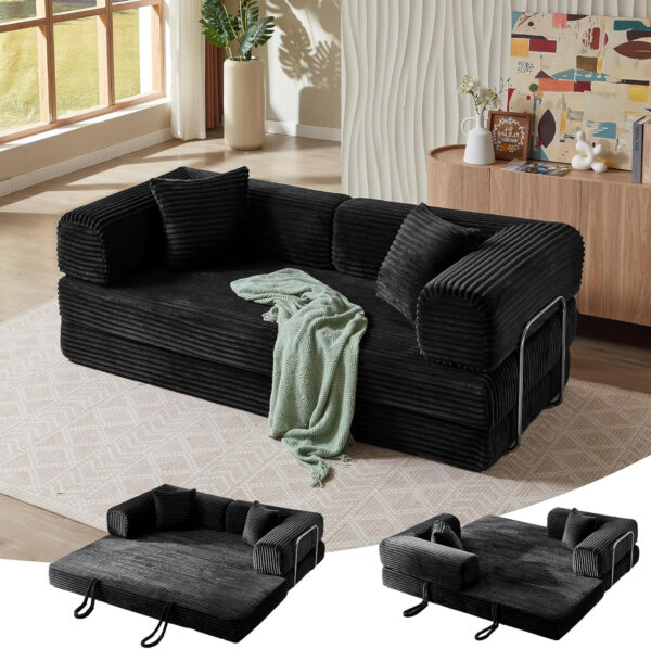 81 Inch Convertible Folding Sofa Bed,Fold Out Floor Sofa Couch with Fixed-Shape Frame,Corduroy Foldable Mattress Cloud Couch for Living Room Bedroom (Black)