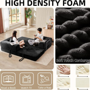 81 Inch Convertible Folding Sofa Bed,Fold Out Floor Sofa Couch with Fixed-Shape Frame,Corduroy Foldable Mattress Cloud Couch for Living Room Bedroom (Black)