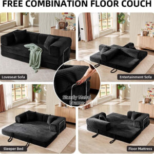 81 Inch Convertible Folding Sofa Bed,Fold Out Floor Sofa Couch with Fixed-Shape Frame,Corduroy Foldable Mattress Cloud Couch for Living Room Bedroom (Black)