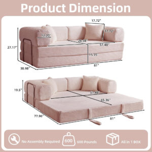 81 Inch Convertible Folding Sofa Bed,Fold Out Floor Sofa Couch with Fixed-Shape Frame,Corduroy Foldable Mattress Cloud Couch for Living Room Bedroom (Black)