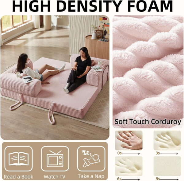 81 Inch Convertible Folding Sofa Bed,Fold Out Floor Sofa Couch with Fixed-Shape Frame,Corduroy Foldable Mattress Cloud Couch for Living Room Bedroom (Black)
