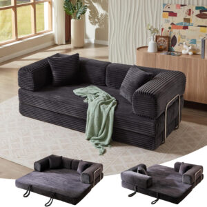 81 Inch Convertible Folding Sofa Bed,Fold Out Floor Sofa Couch with Fixed-Shape Frame,Corduroy Foldable Mattress Cloud Couch for Living Room Bedroom (Black)