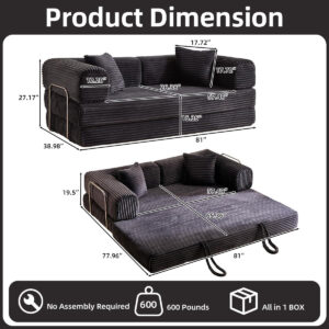 81 Inch Convertible Folding Sofa Bed,Fold Out Floor Sofa Couch with Fixed-Shape Frame,Corduroy Foldable Mattress Cloud Couch for Living Room Bedroom (Black)