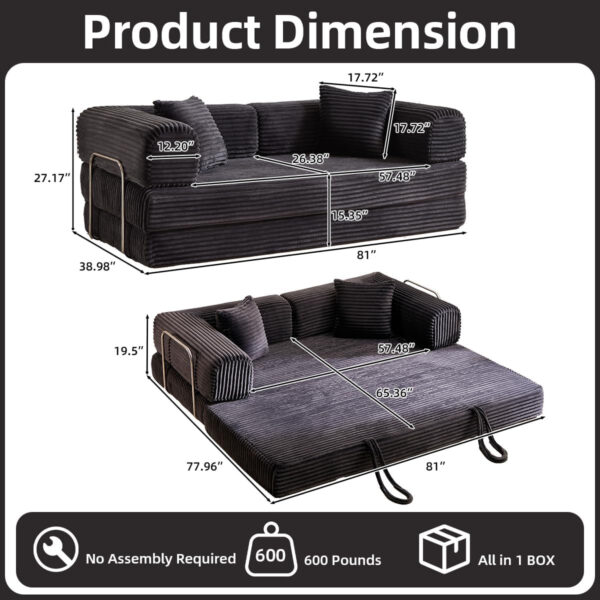 81 Inch Convertible Folding Sofa Bed,Fold Out Floor Sofa Couch with Fixed-Shape Frame,Corduroy Foldable Mattress Cloud Couch for Living Room Bedroom (Black)