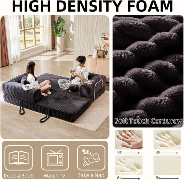 81 Inch Convertible Folding Sofa Bed,Fold Out Floor Sofa Couch with Fixed-Shape Frame,Corduroy Foldable Mattress Cloud Couch for Living Room Bedroom (Black)