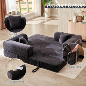 81 Inch Convertible Folding Sofa Bed,Fold Out Floor Sofa Couch with Fixed-Shape Frame,Corduroy Foldable Mattress Cloud Couch for Living Room Bedroom (Black)