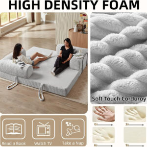 81 Inch Convertible Folding Sofa Bed,Fold Out Floor Sofa Couch with Fixed-Shape Frame,Corduroy Foldable Mattress Cloud Couch for Living Room Bedroom (Black)