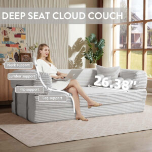 81 Inch Convertible Folding Sofa Bed,Fold Out Floor Sofa Couch with Fixed-Shape Frame,Corduroy Foldable Mattress Cloud Couch for Living Room Bedroom (Black)