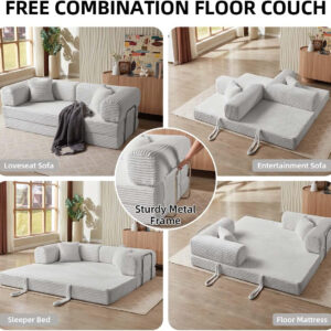 81 Inch Convertible Folding Sofa Bed,Fold Out Floor Sofa Couch with Fixed-Shape Frame,Corduroy Foldable Mattress Cloud Couch for Living Room Bedroom (Black)