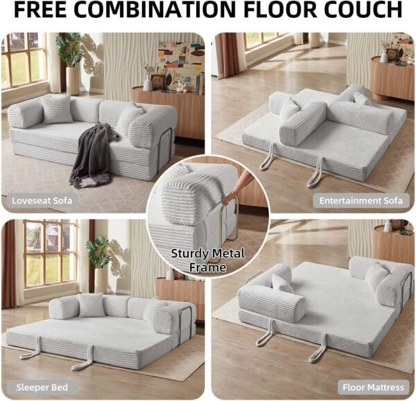 81 Inch Convertible Folding Sofa Bed,Fold Out Floor Sofa Couch with Fixed-Shape Frame,Corduroy Foldable Mattress Cloud Couch for Living Room Bedroom (Black)