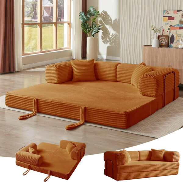 81 Inch Convertible Folding Sofa Bed,Fold Out Floor Sofa Couch with Fixed-Shape Frame,Corduroy Foldable Mattress Cloud Couch for Living Room Bedroom (Black)