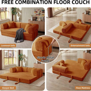 81 Inch Convertible Folding Sofa Bed,Fold Out Floor Sofa Couch with Fixed-Shape Frame,Corduroy Foldable Mattress Cloud Couch for Living Room Bedroom (Black)