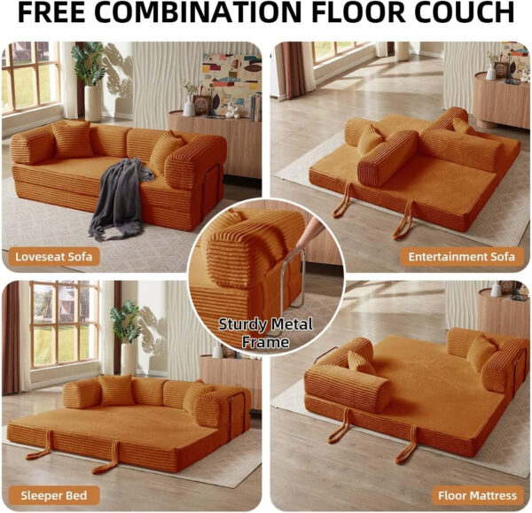 81 Inch Convertible Folding Sofa Bed,Fold Out Floor Sofa Couch with Fixed-Shape Frame,Corduroy Foldable Mattress Cloud Couch for Living Room Bedroom (Black)