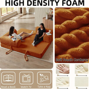 81 Inch Convertible Folding Sofa Bed,Fold Out Floor Sofa Couch with Fixed-Shape Frame,Corduroy Foldable Mattress Cloud Couch for Living Room Bedroom (Black)