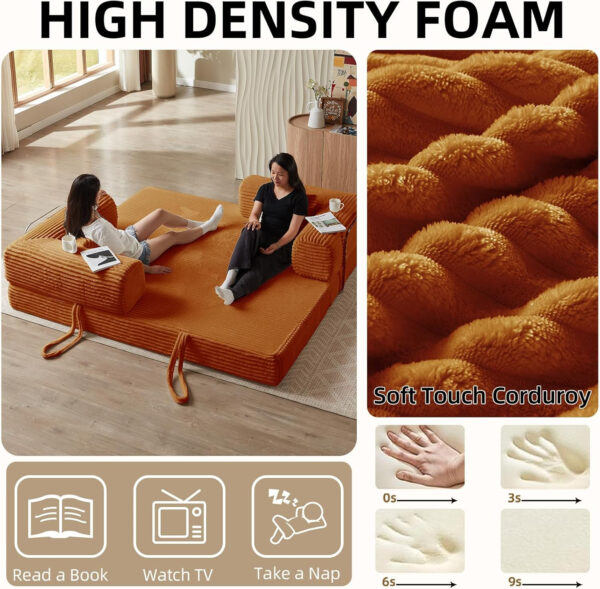 81 Inch Convertible Folding Sofa Bed,Fold Out Floor Sofa Couch with Fixed-Shape Frame,Corduroy Foldable Mattress Cloud Couch for Living Room Bedroom (Black)