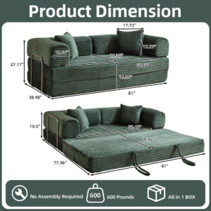 81 Inch Convertible Folding Sofa Bed,Fold Out Floor Sofa Couch with Fixed-Shape Frame,Corduroy Foldable Mattress Cloud Couch for Living Room Bedroom (Black)