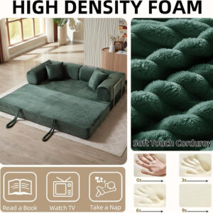 81 Inch Convertible Folding Sofa Bed,Fold Out Floor Sofa Couch with Fixed-Shape Frame,Corduroy Foldable Mattress Cloud Couch for Living Room Bedroom (Black)